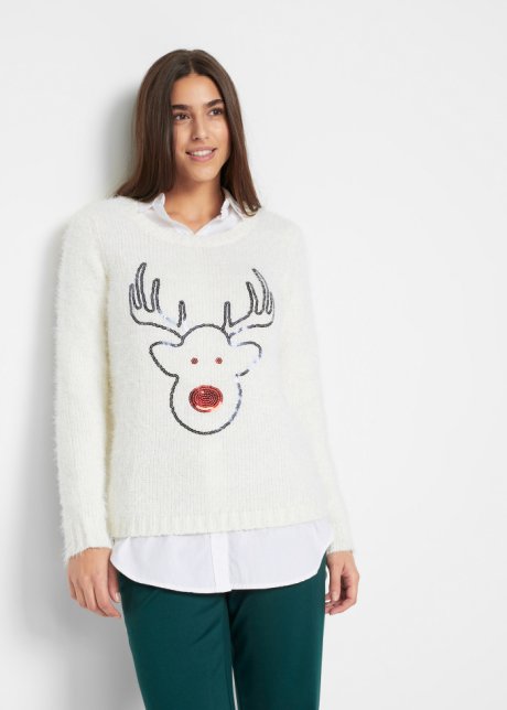Bílý vánoční svetr se sobem